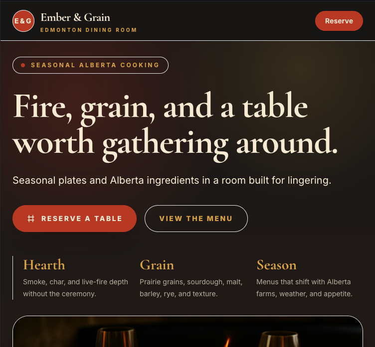 Ember & Grain restaurant website concept shown on a desktop screen